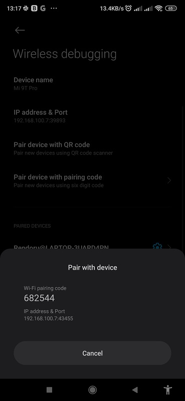 Code is shown when pairing wireless debugging<br>